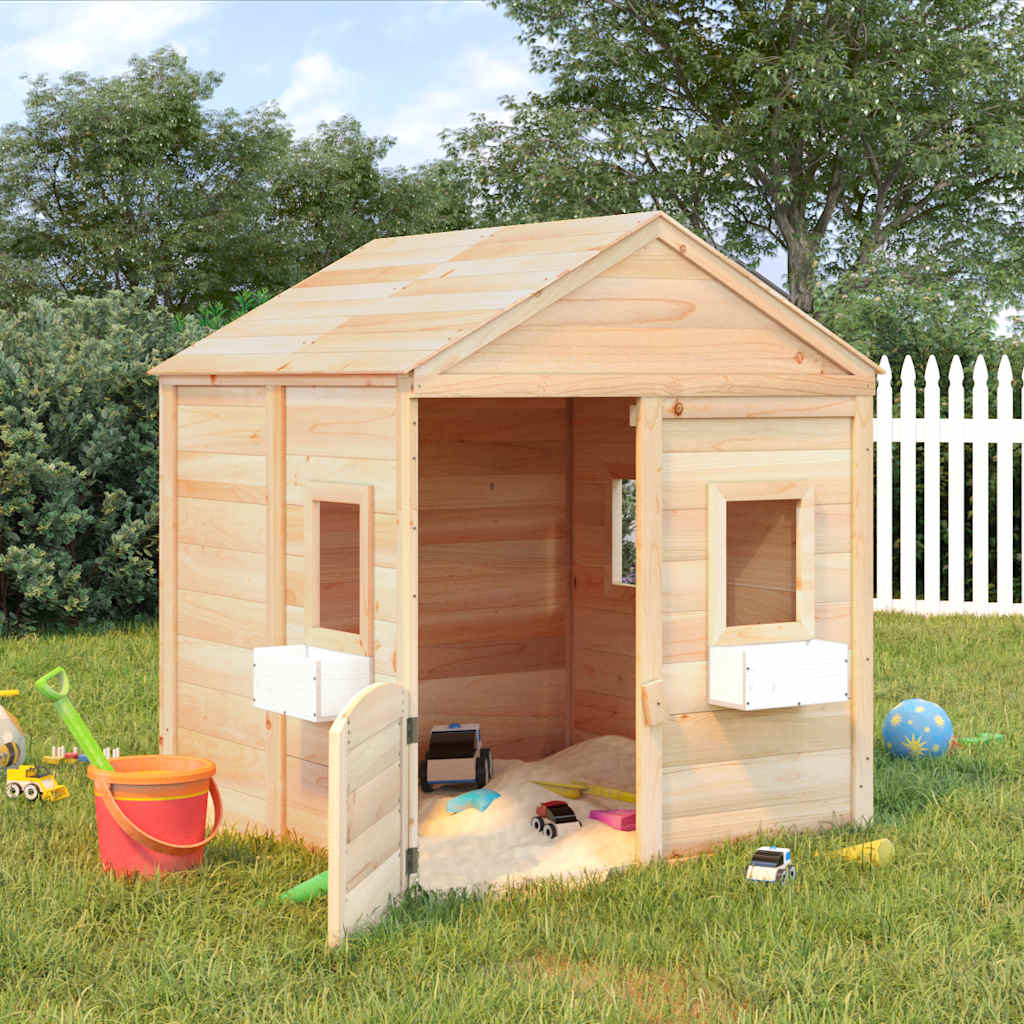 Playhouse with lockable doors and flower pots, spruce tree