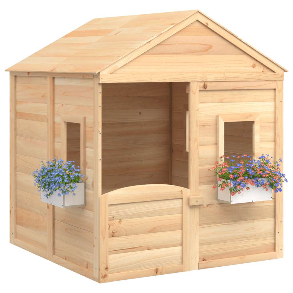 Playhouse with lockable doors and flower pots, spruce tree