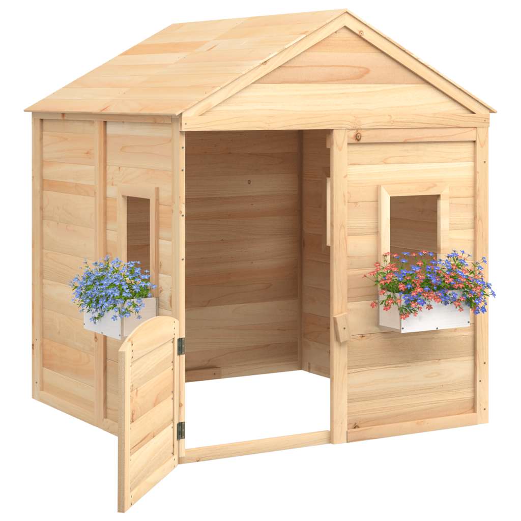 Playhouse with lockable doors and flower pots, spruce tree