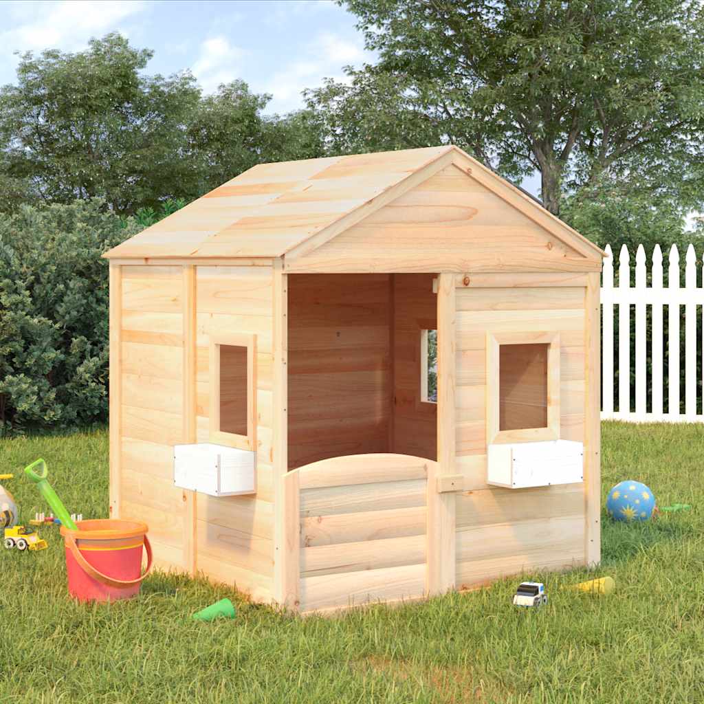 Playhouse with lockable doors and flower pots, spruce tree
