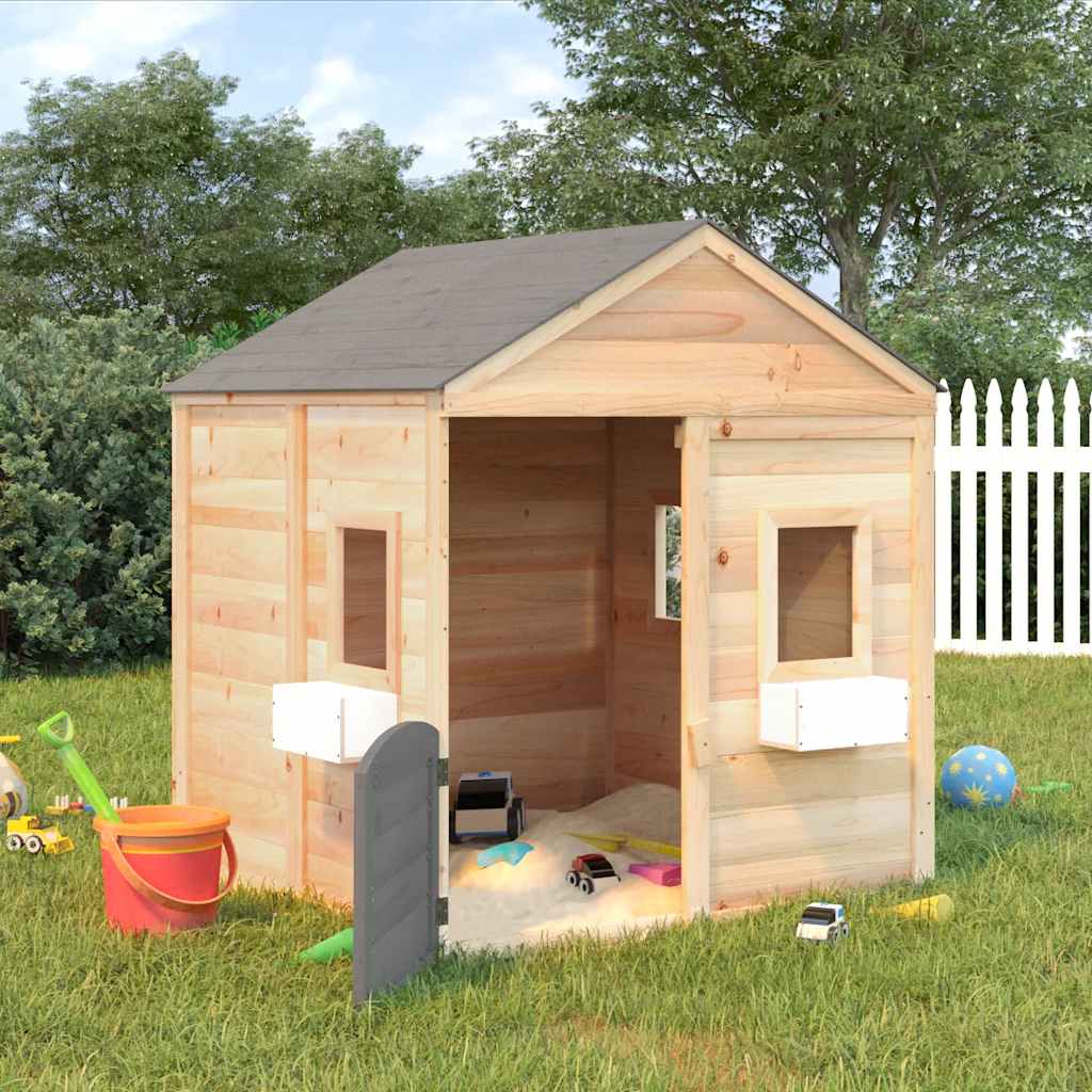 Playhouse with lockable doors and flower pots, spruce tree