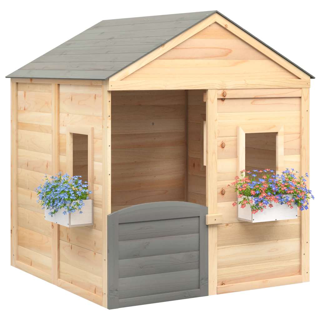 Playhouse with lockable doors and flower pots, spruce tree