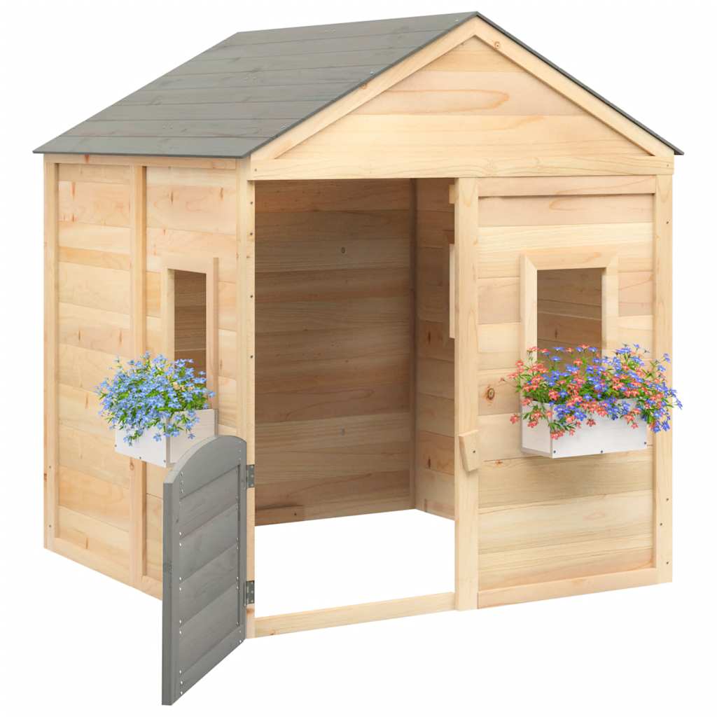 Playhouse with lockable doors and flower pots, spruce tree