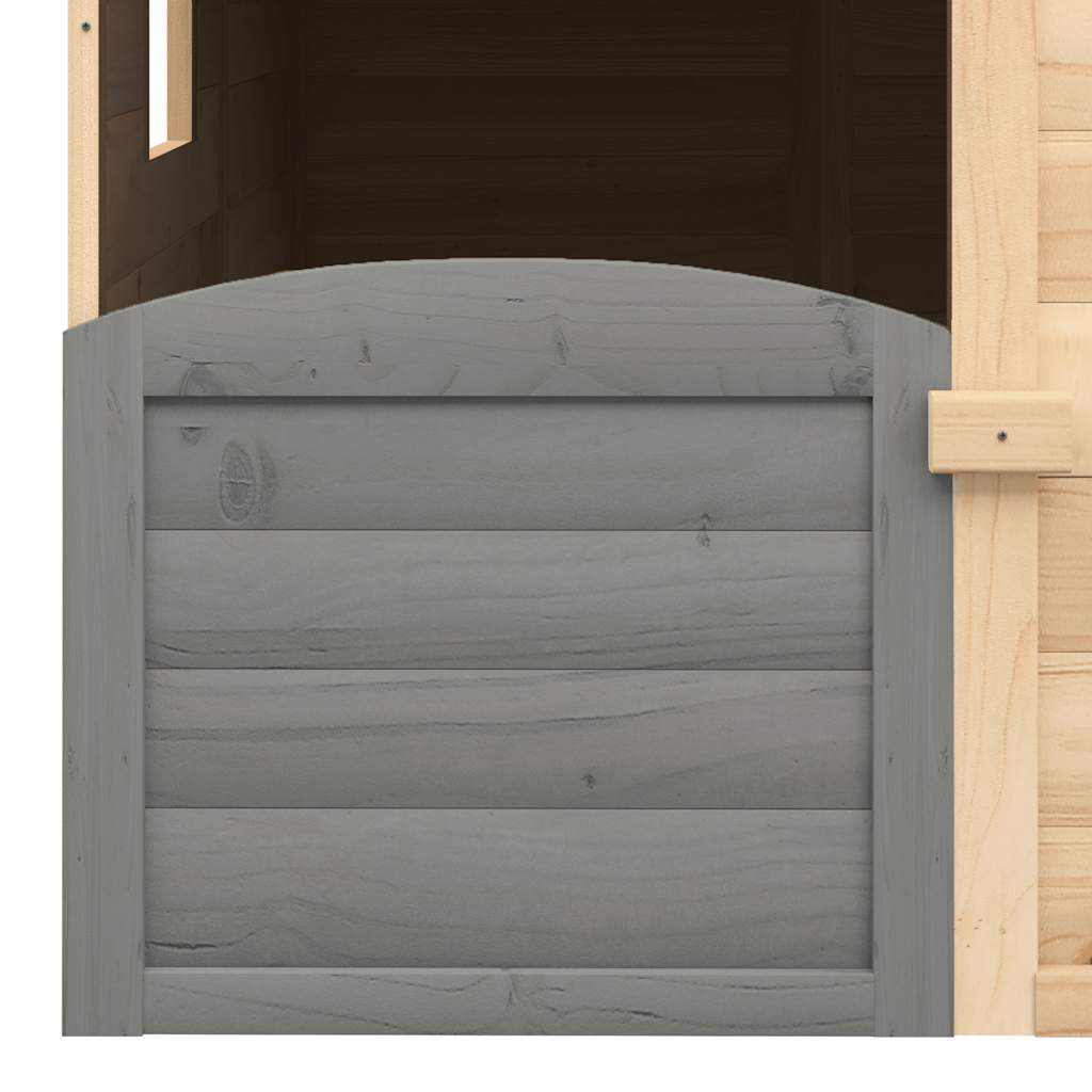 Playhouse with lockable doors and flower pots, spruce tree