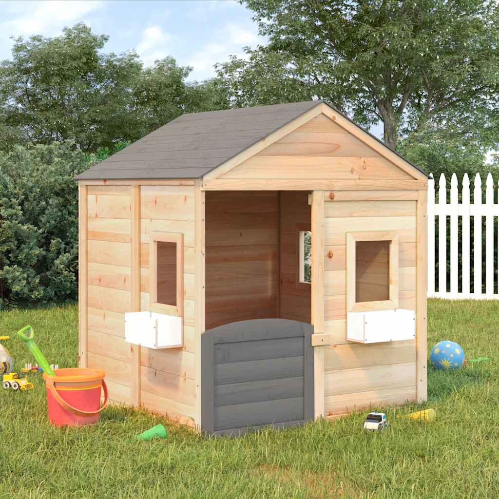 Playhouse with lockable doors and flower pots, spruce tree