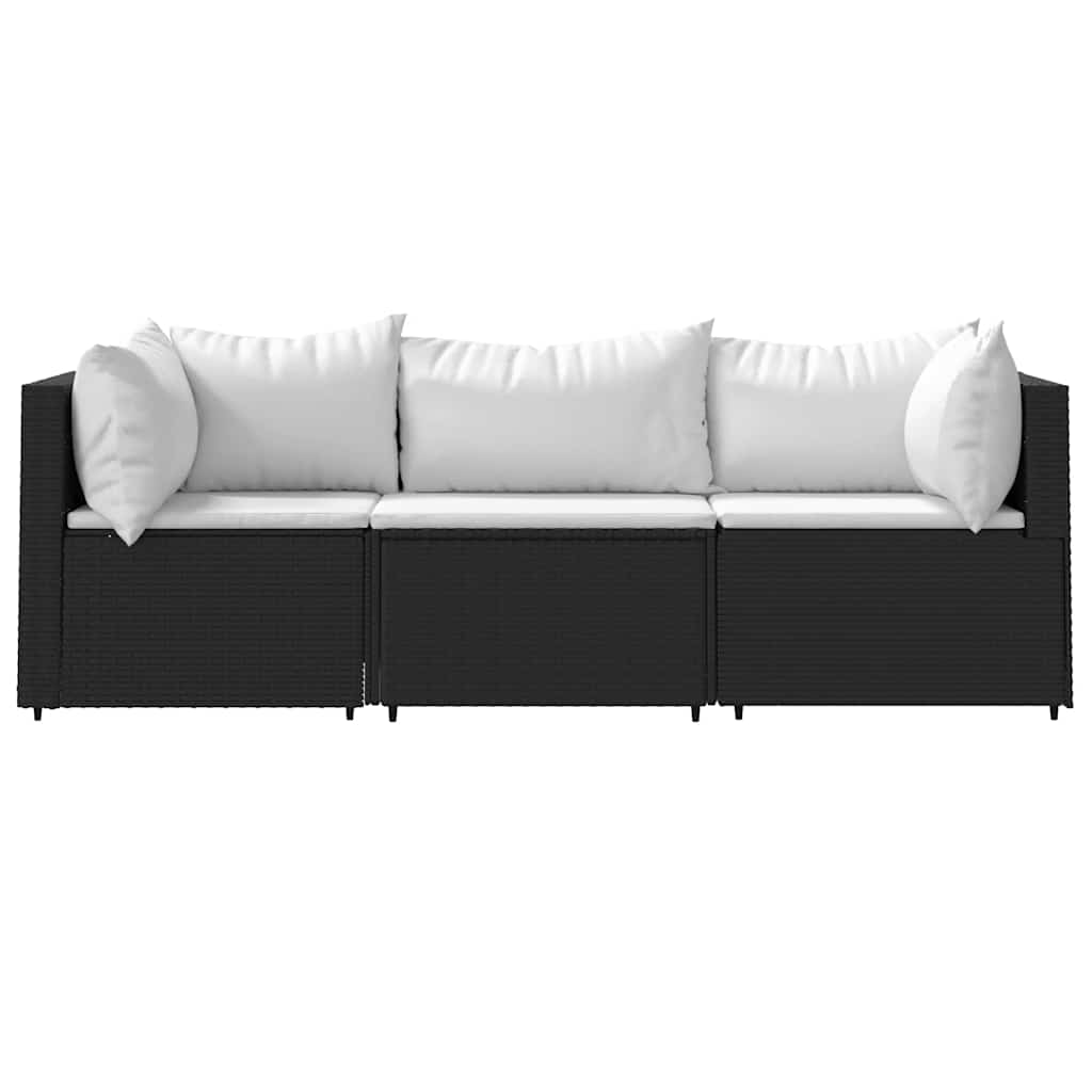 Garden Lounge Set with Cushions, 3-Piece, Black, Poly Rattan