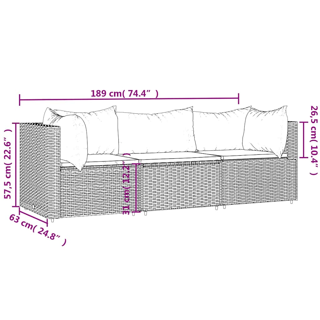 Garden Lounge Set with Cushions, 3-Piece, Black, Poly Rattan