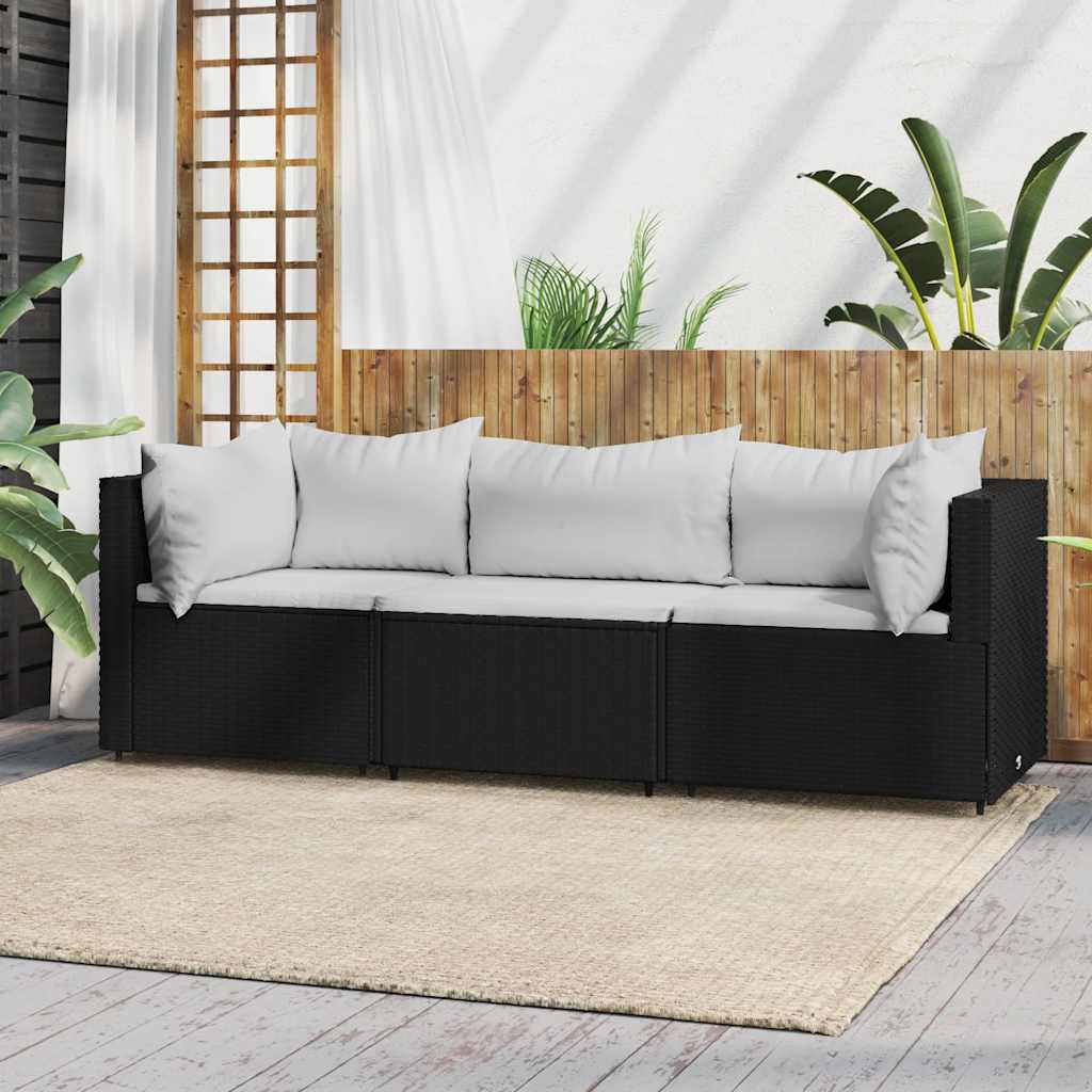 Garden Lounge Set with Cushions, 3-Piece, Black, Poly Rattan