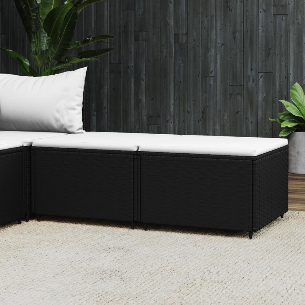 Garden footstools with cushions, 2 pcs, black, polyrattan