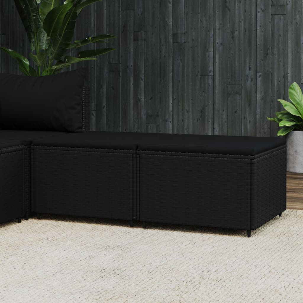 Garden footstools with cushions, 2 pcs, black, polyrattan