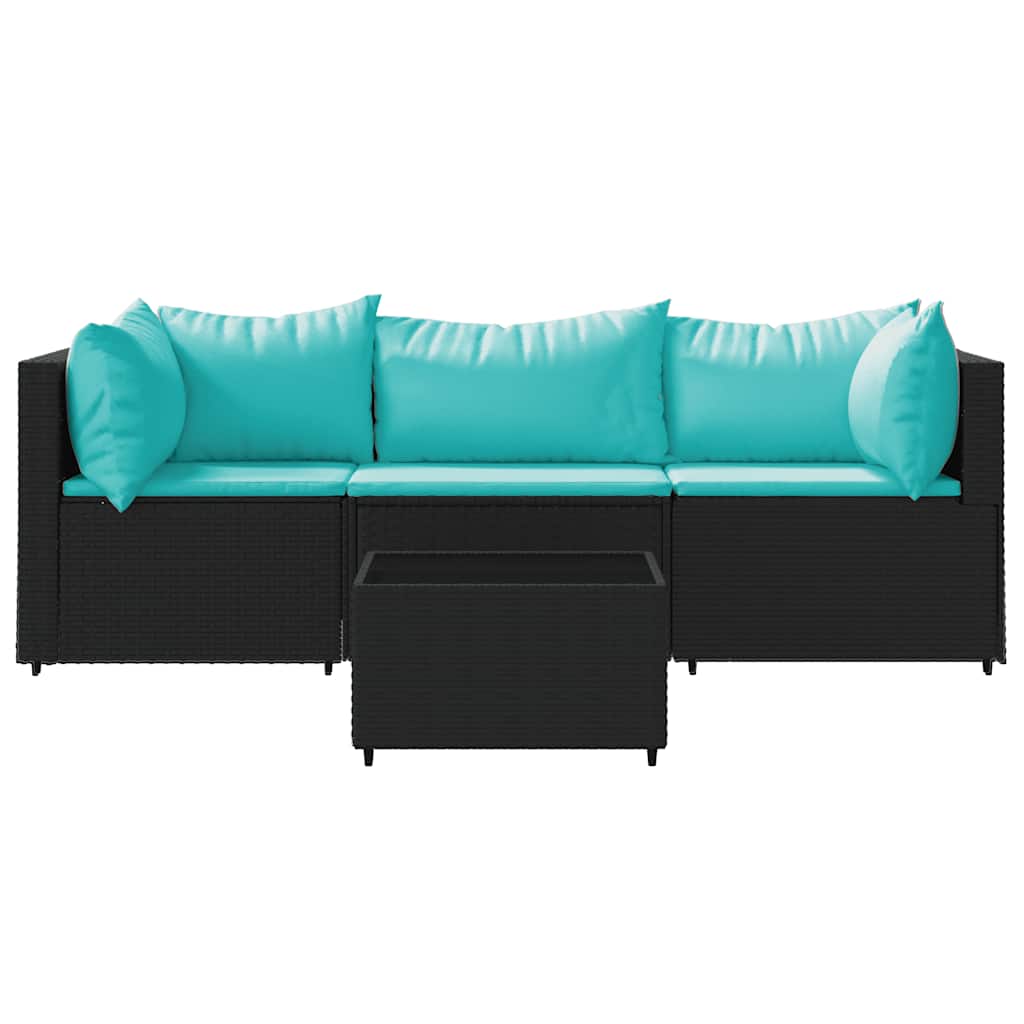 Garden lounge set with cushions, 4-piece, black, poly rattan