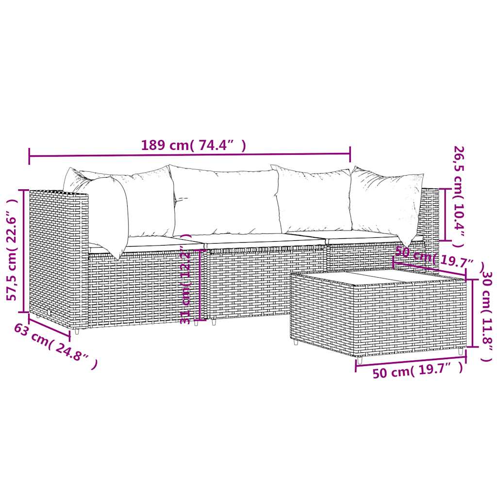 Garden lounge set with cushions, 4-piece, black, poly rattan