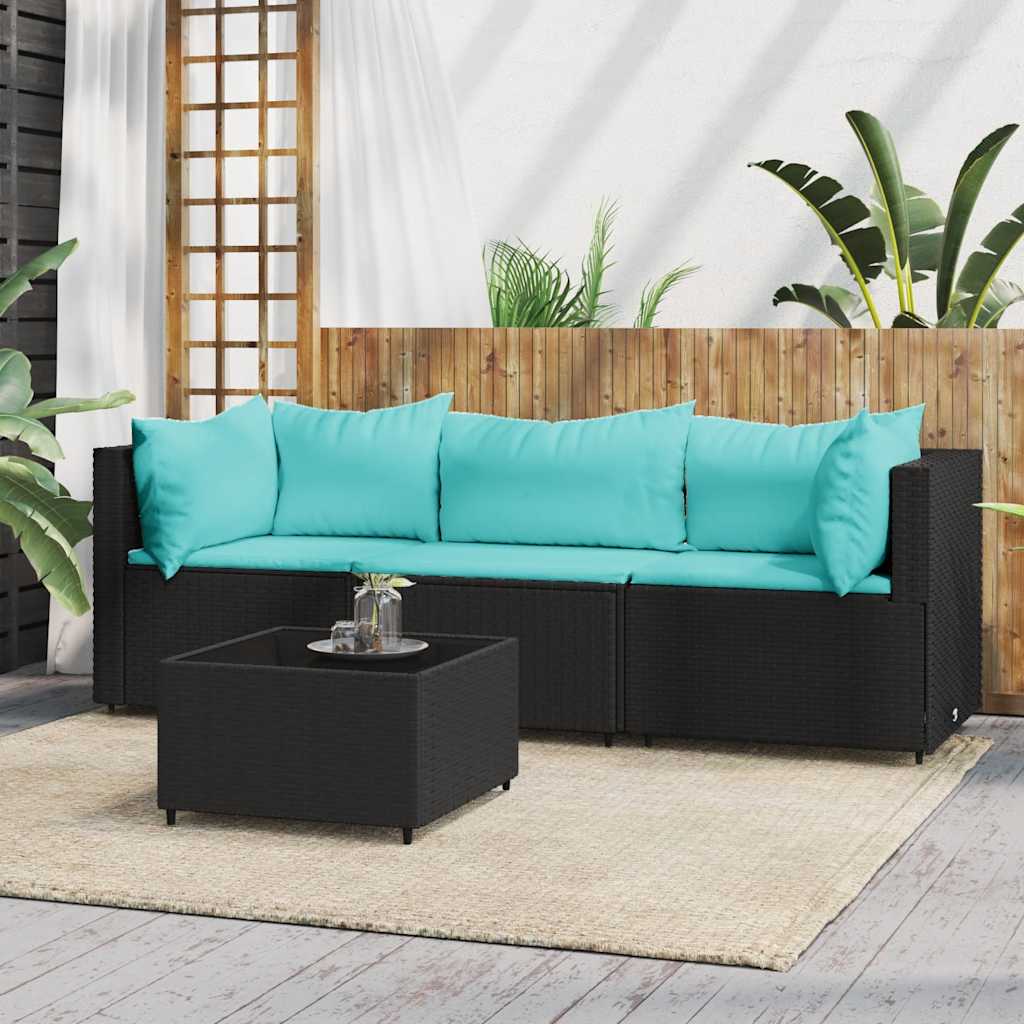 Garden lounge set with cushions, 4-piece, black, poly rattan