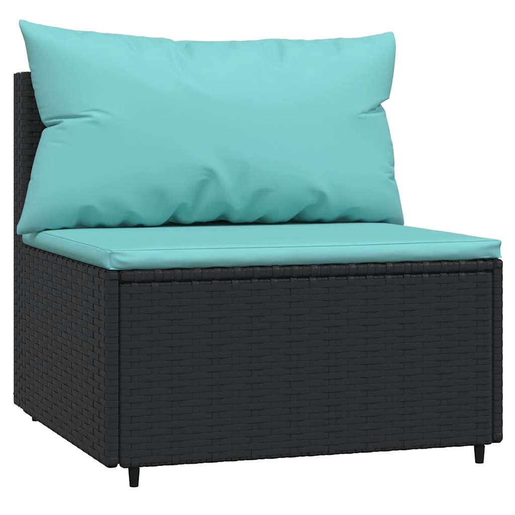 Middle sofa sections with cushions, 2 pcs., black, poly rattan