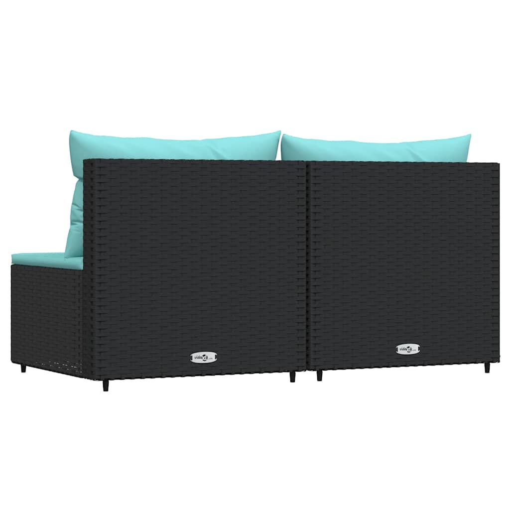 Middle sofa sections with cushions, 2 pcs., black, poly rattan