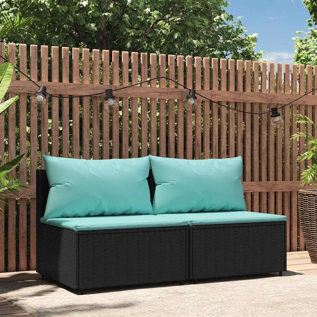 Middle sofa sections with cushions, 2 pcs., black, poly rattan