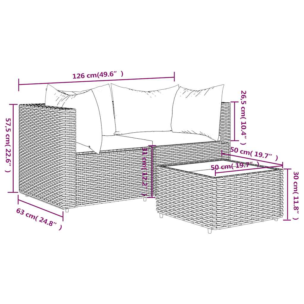Garden lounge set with cushions, 3-piece, grey, poly rattan