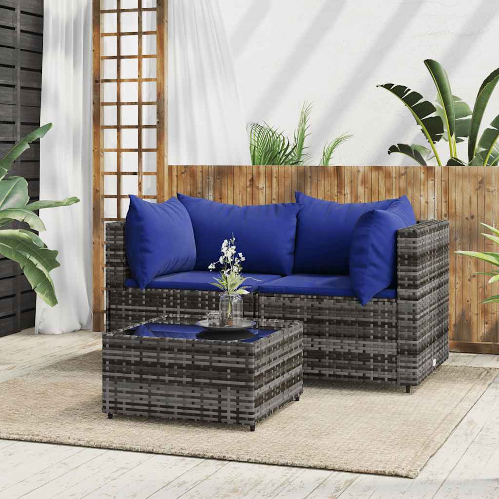Garden lounge set with cushions, 3-piece, grey, poly rattan