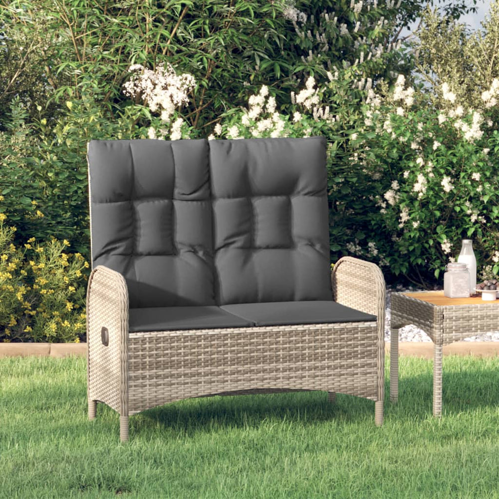 Reclining garden bench with cushions, grey, 107cm, rattan