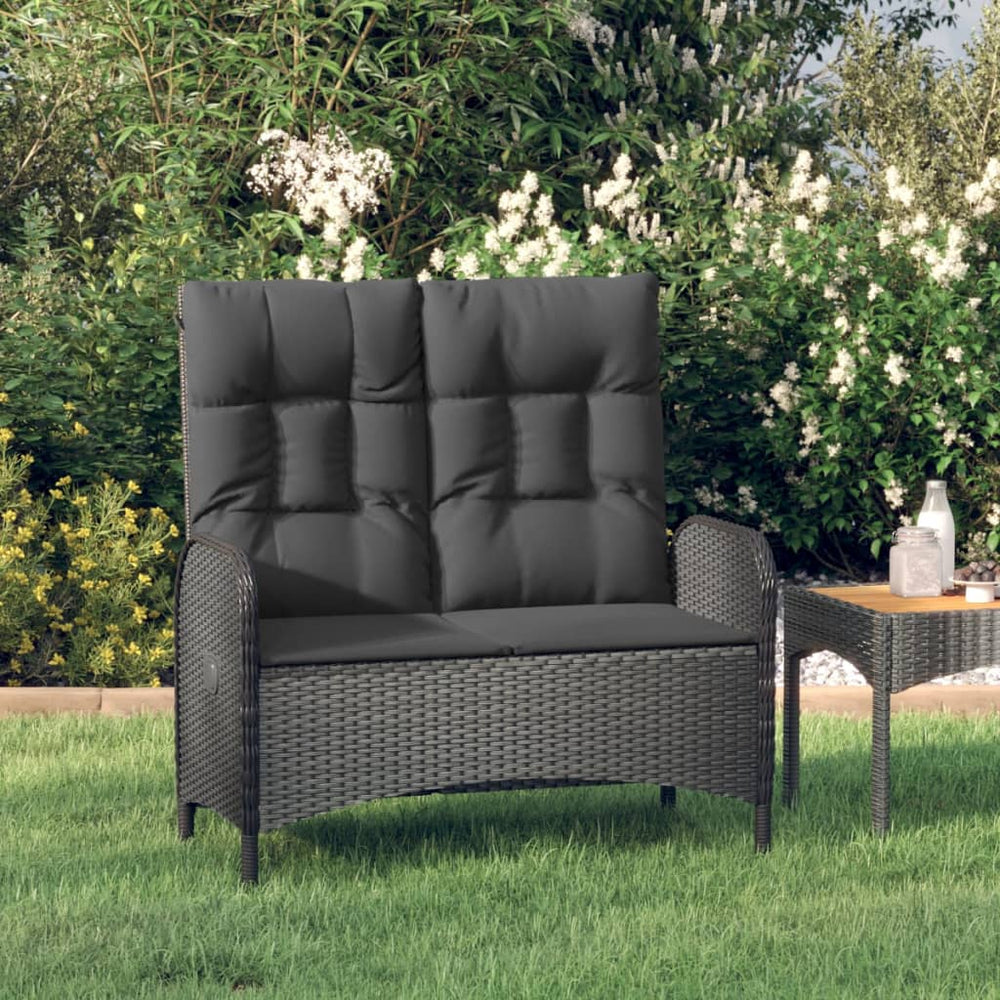 Reclining garden bench with cushions, black, 107cm, rattan
