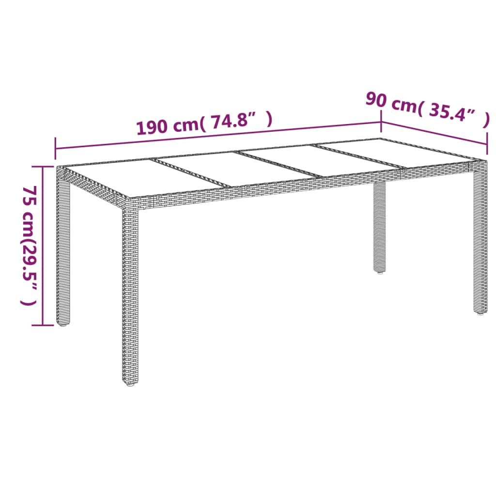 Table with glass top, grey, 190x90x75, polyrattan