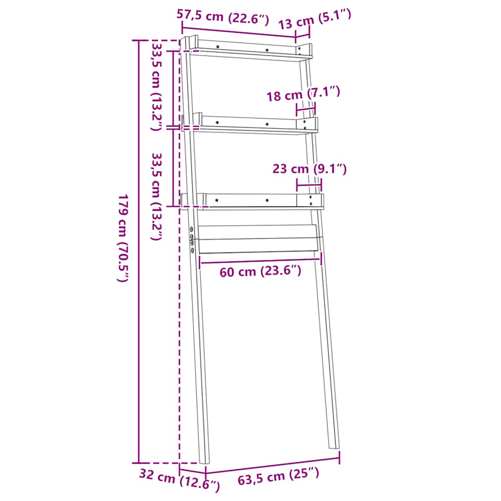 Toilet shelf, white, 63.5x32x179cm, solid pine wood
