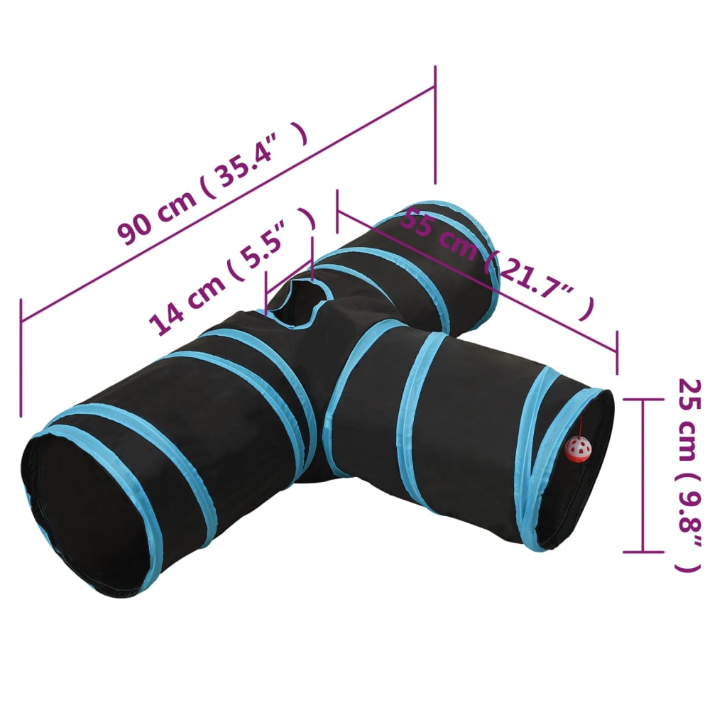 Tunelis katėms, 3 krypčių, juodas ir mėlynas, 90cm, poliesteris