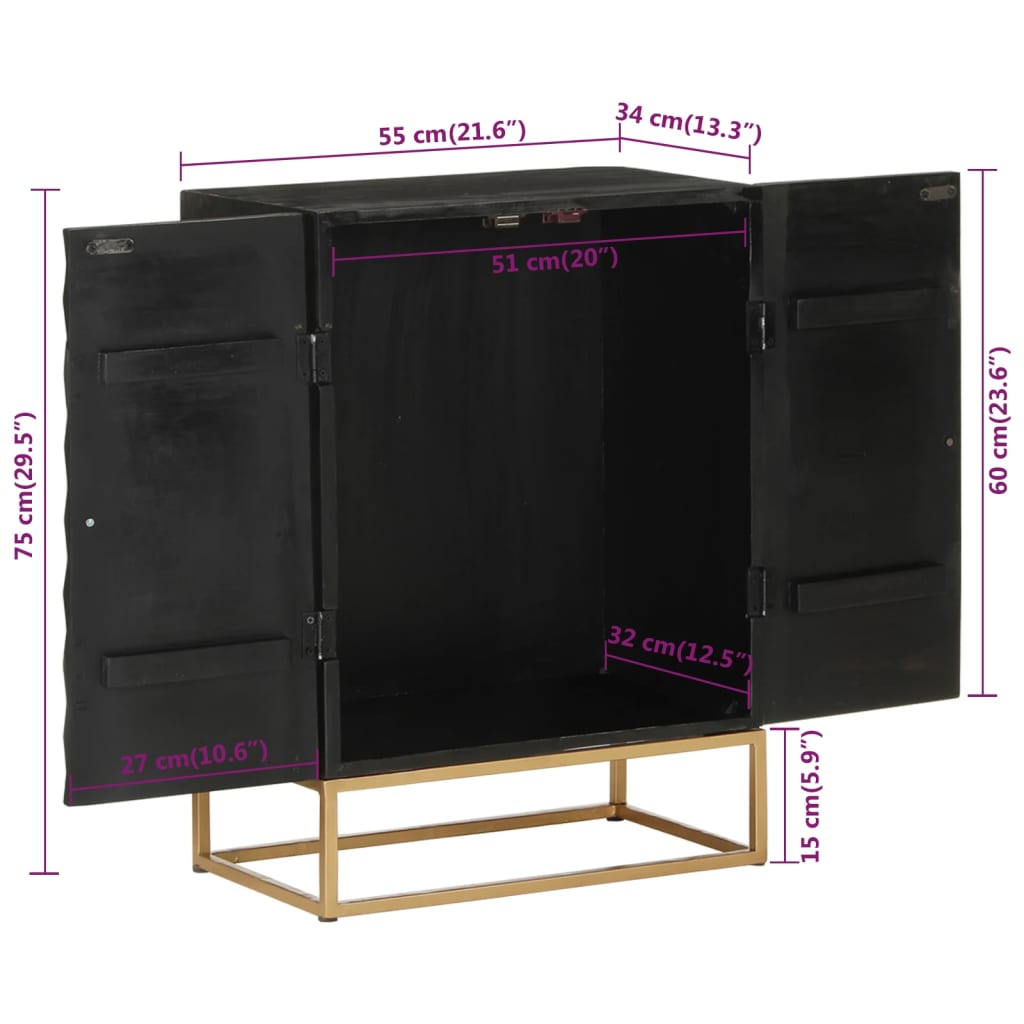 Side cabinet, black, 55x34x75cm, solid mango wood and iron