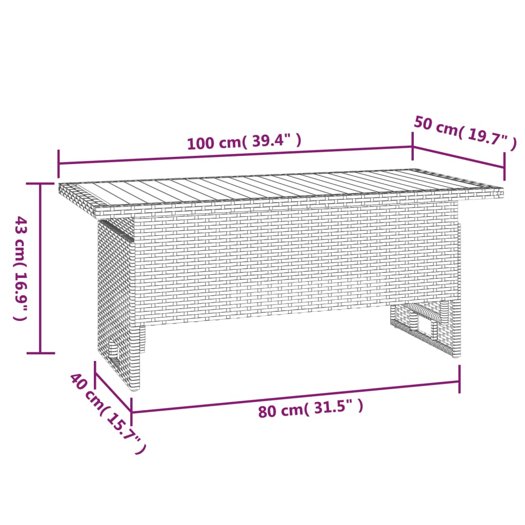 Sodo stalas, pilkas, 100x50x43/63cm, akacija ir poliratanas