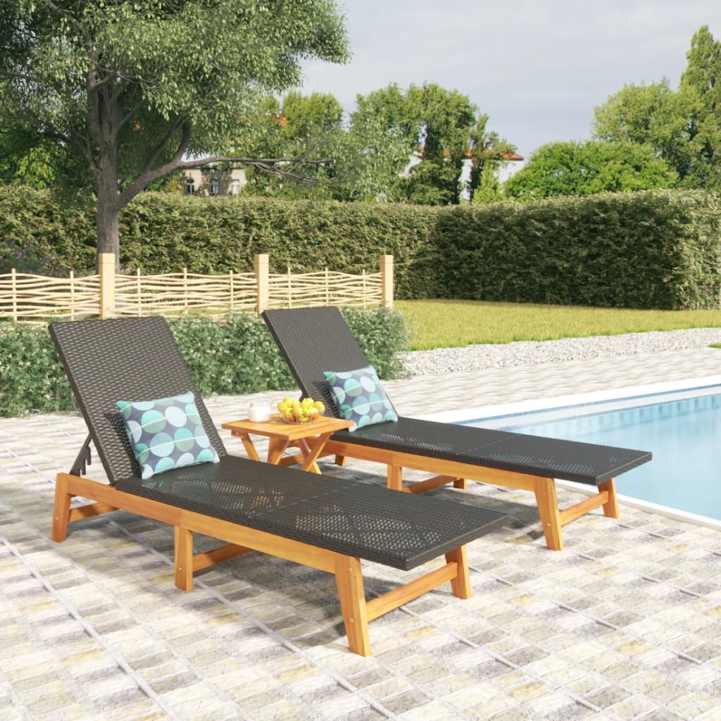 Sun loungers, 2 pcs., black and brown, poly rattan and acacia