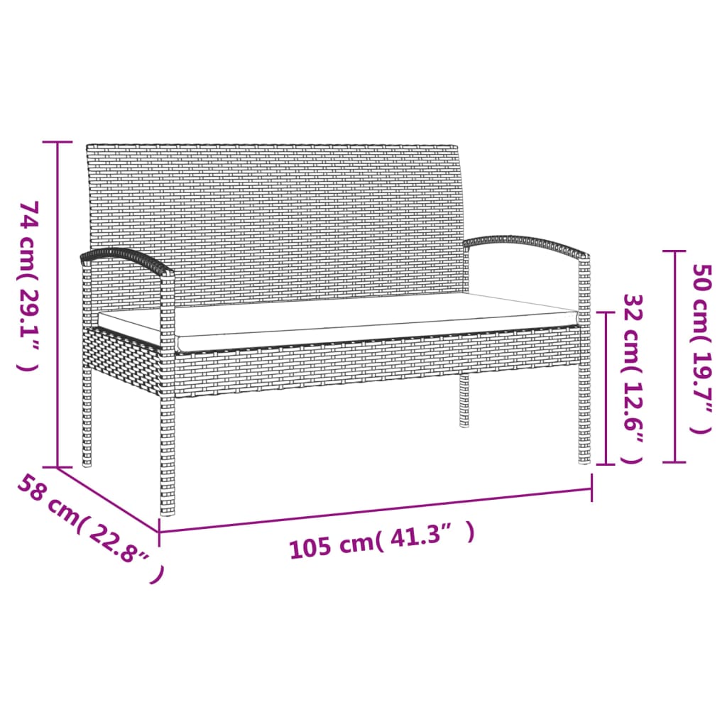 Dārza soliņš ar spilvenu, melns, 105cm, polirotangs