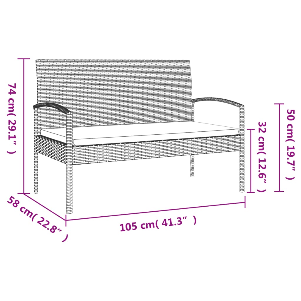 Garden bench with cushion, grey, 105cm, polyrattan