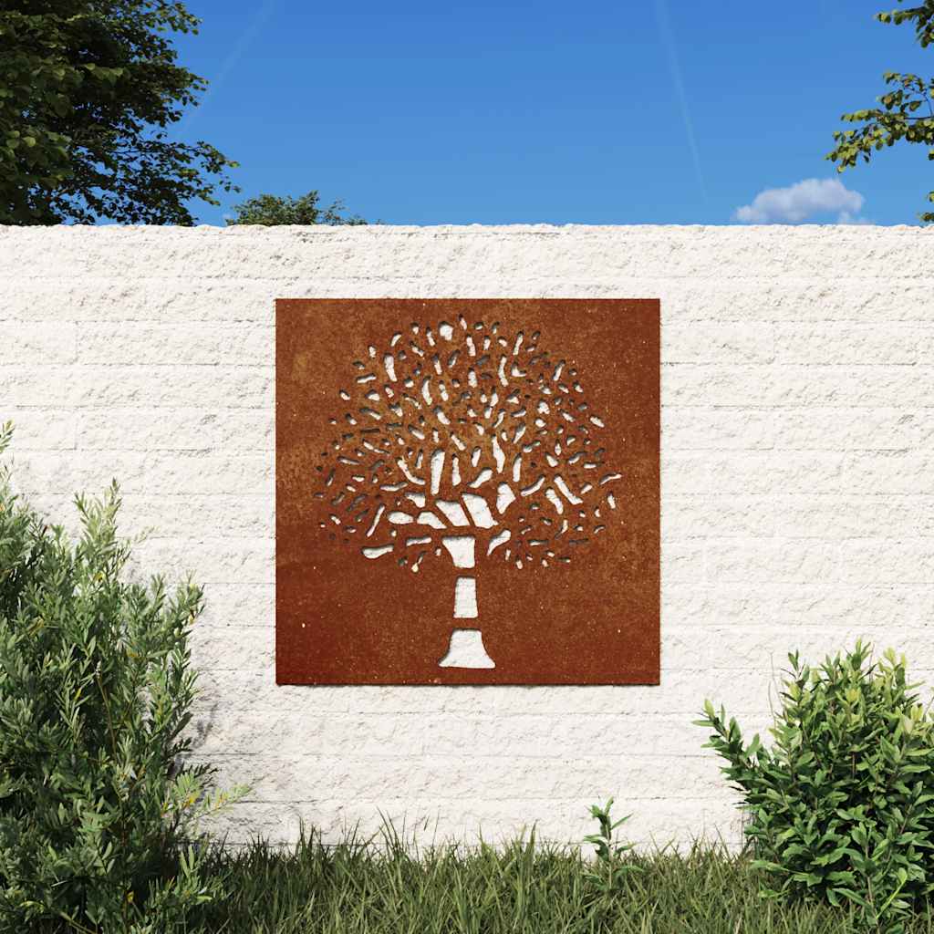 Garden wall decoration, 55x55cm, corten steel, wood design