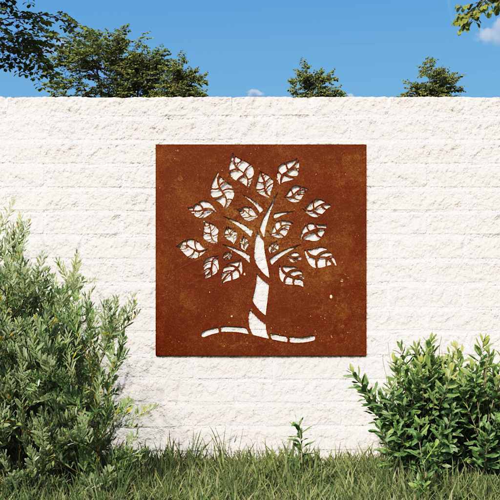 Garden wall decoration, 55x55cm, corten steel, wood design
