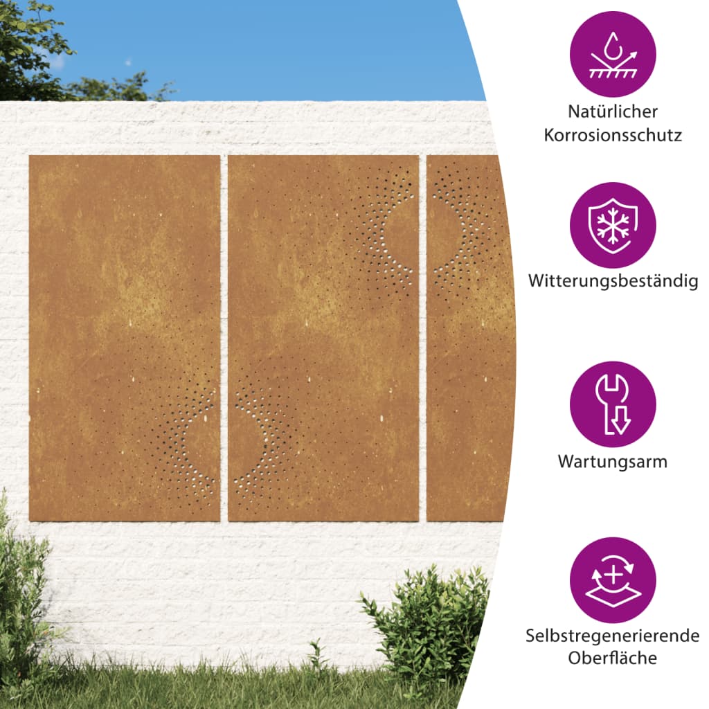 Sodo sienos dekoracija, 3 dalių, 105x55cm, corten plienas