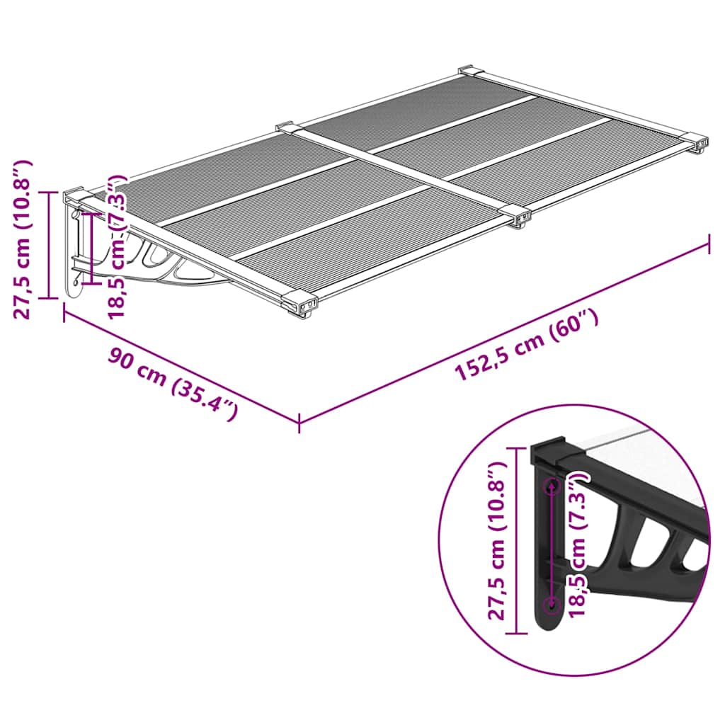 Door canopy, black and clear, 152.5x90cm, polycarbonate