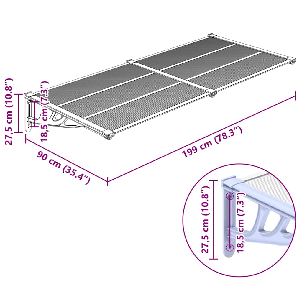 Stogelis durims, pilkas ir skaidrus, 199x90 cm, polikarbonatas