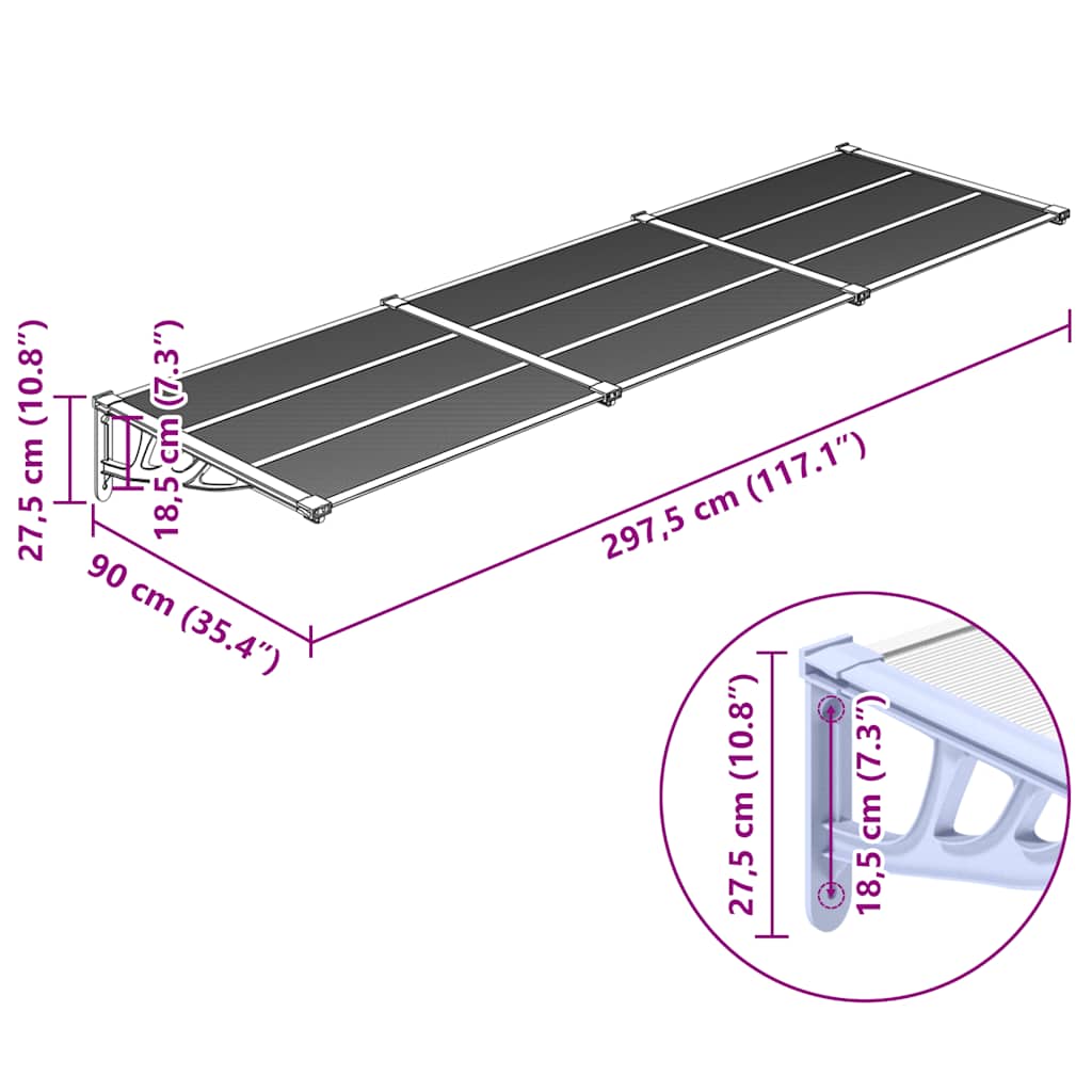 Door canopy, grey and clear, 297.5x90cm, polycarbonate