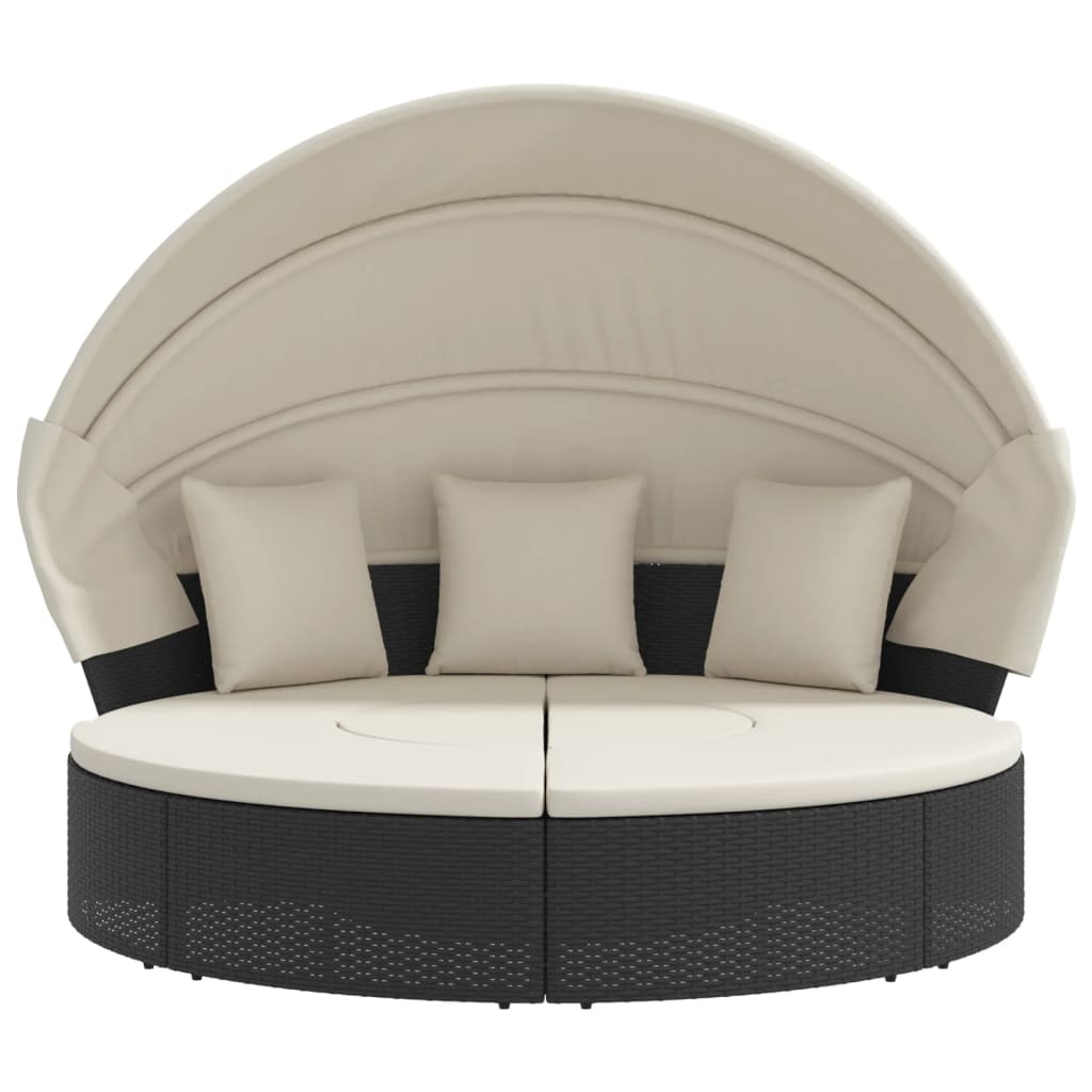 Outdoor lounge bed with canopy/cushions, black, PE rattan