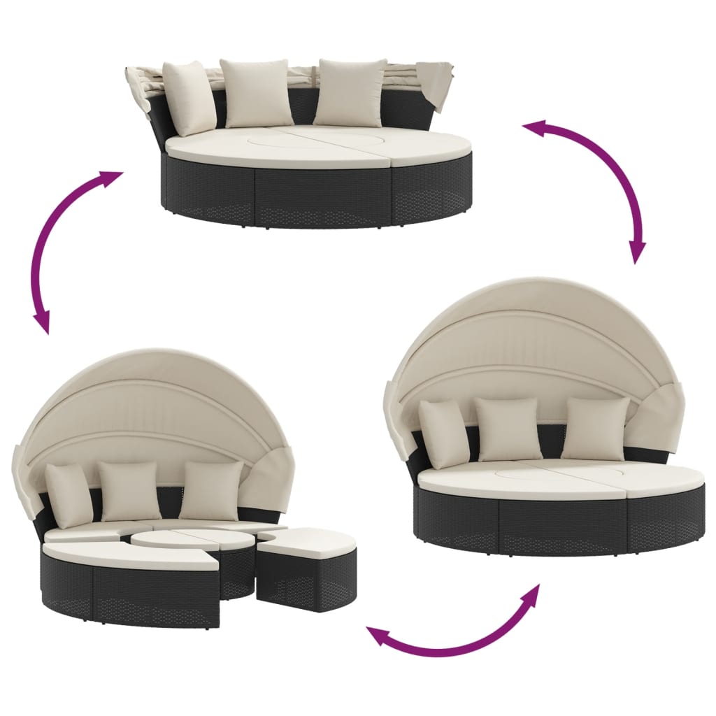 Outdoor lounge bed with canopy/cushions, black, PE rattan