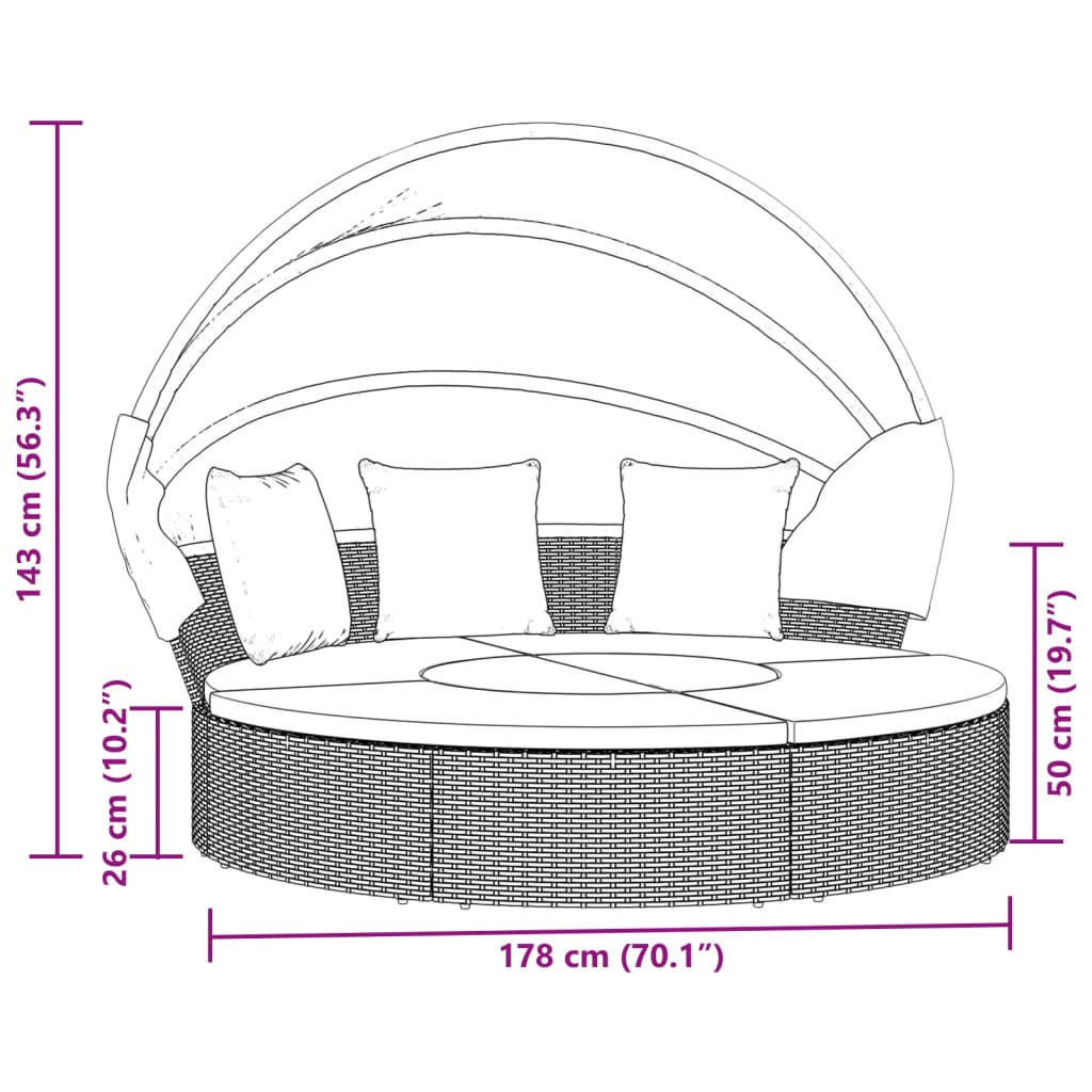 Outdoor lounge bed with canopy/cushions, black, PE rattan
