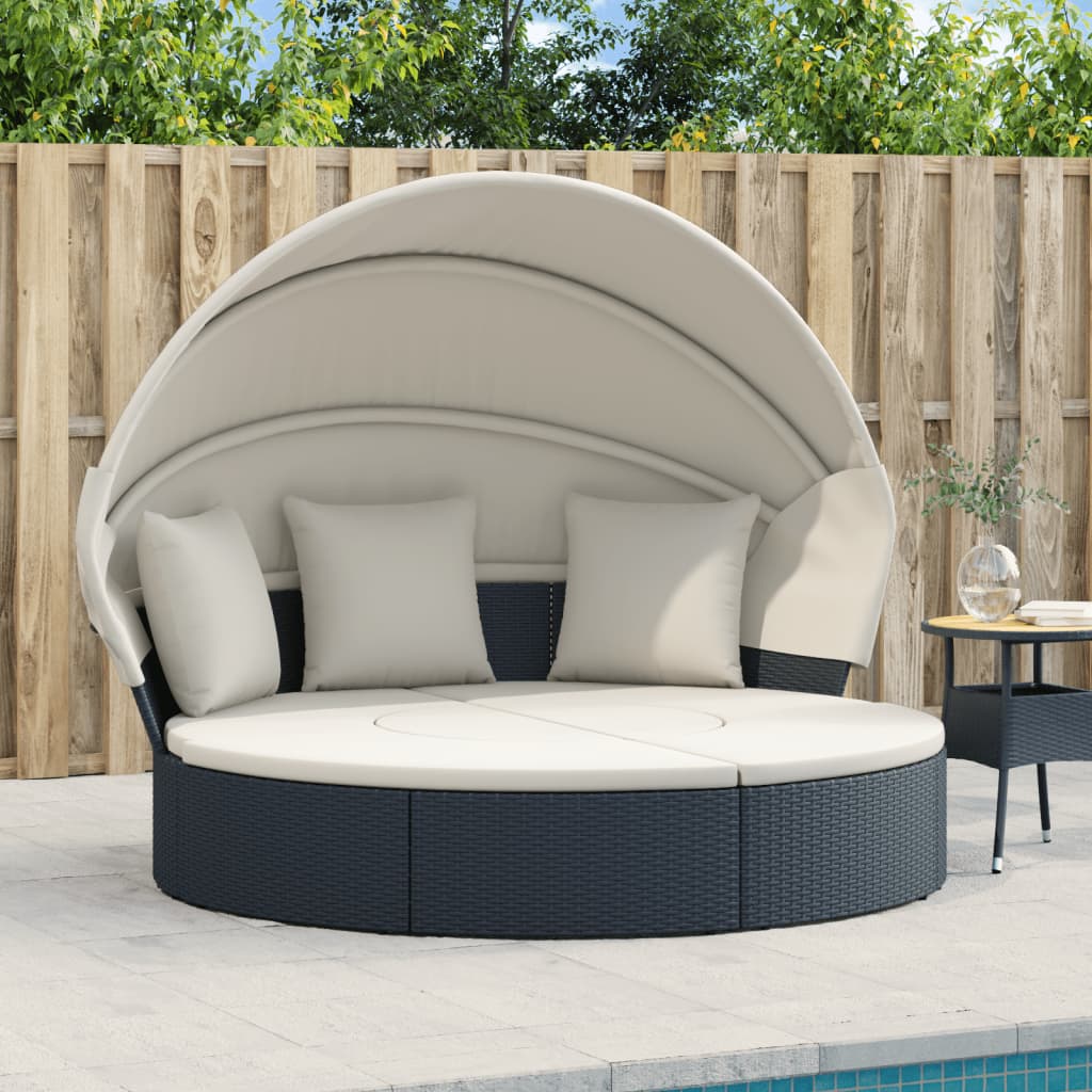 Outdoor lounge bed with canopy/cushions, black, PE rattan