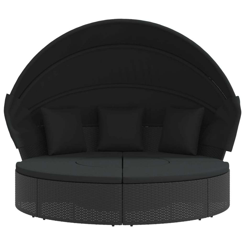 Outdoor lounge bed with canopy/cushions, black, PE rattan