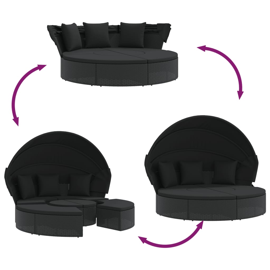 Outdoor lounge bed with canopy/cushions, black, PE rattan