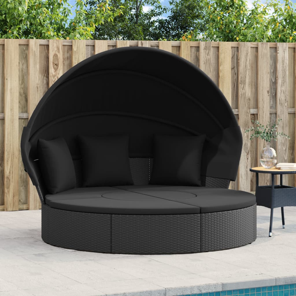 Outdoor lounge bed with canopy/cushions, black, PE rattan