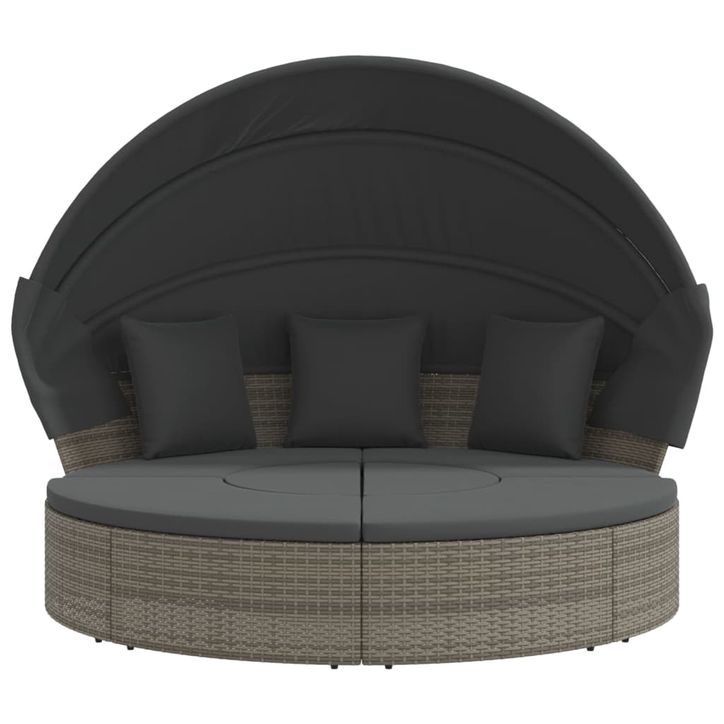 Outdoor sun lounger with canopy/cushions, grey, PE rattan