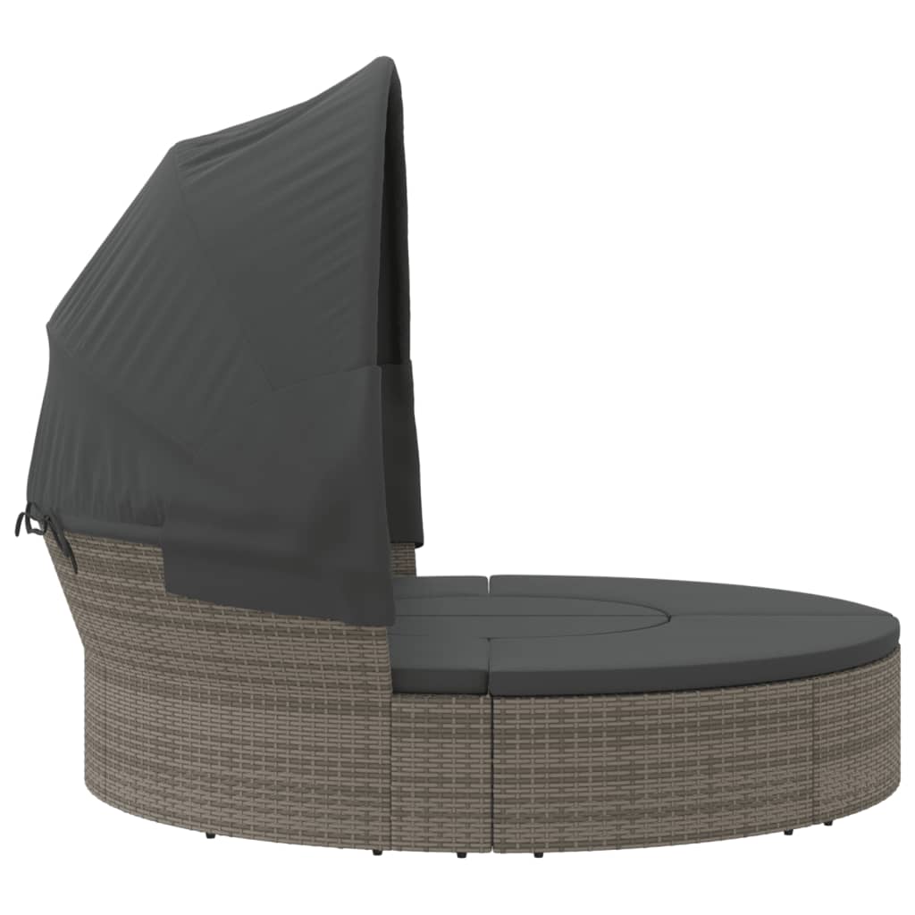 Outdoor sun lounger with canopy/cushions, grey, PE rattan