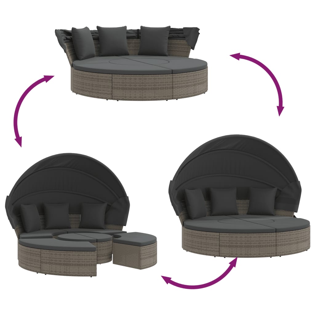 Outdoor sun lounger with canopy/cushions, grey, PE rattan