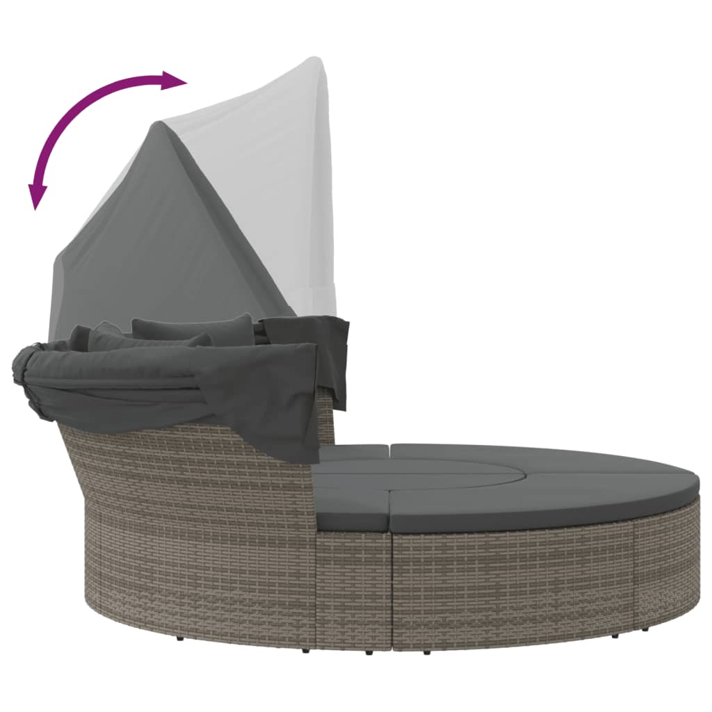Outdoor sun lounger with canopy/cushions, grey, PE rattan