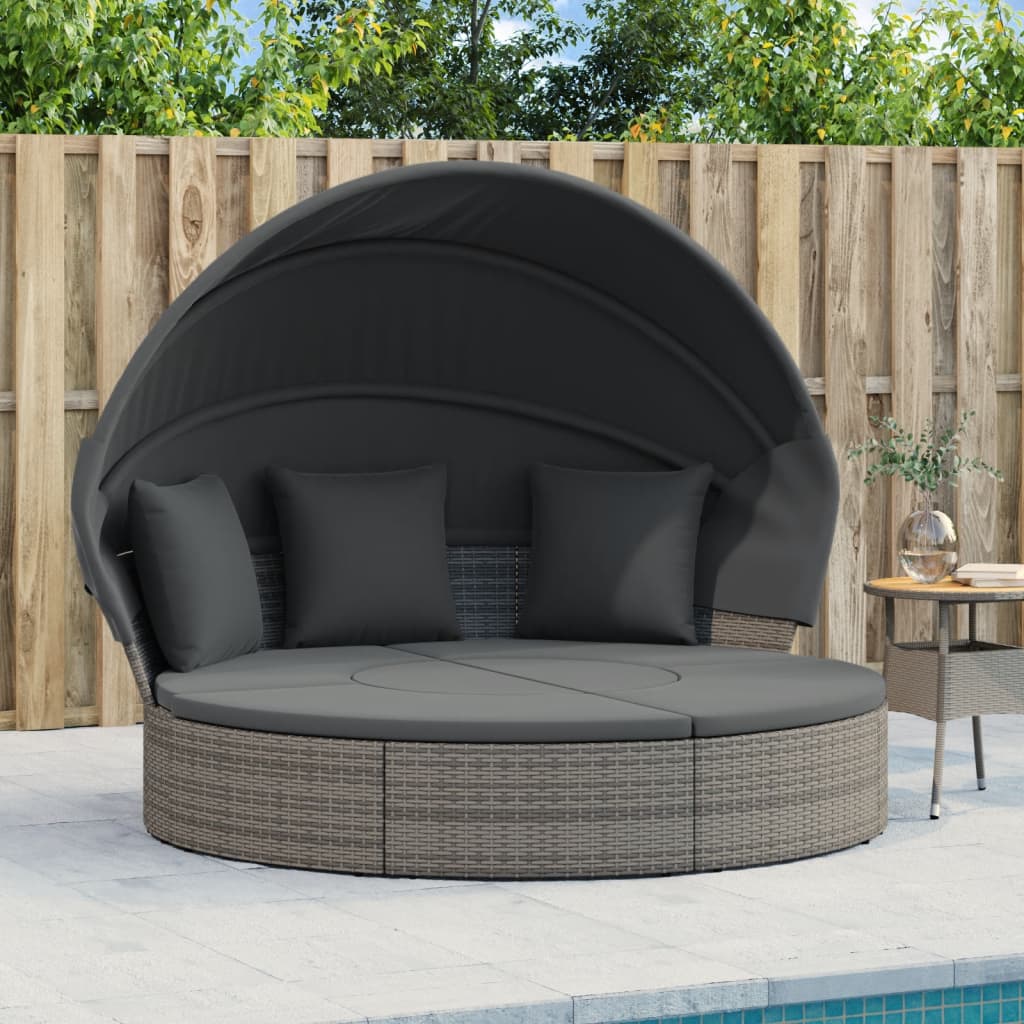 Outdoor sun lounger with canopy/cushions, grey, PE rattan